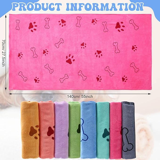8 Pcs Dog Towels Pet Bath Drying Towels 55 x 28 Inches Large Absorbent Microfiber Quick Fast Drying Soft Beach for Lightweight Cat and Puppy Shower Essentials Cleaning Accessories(Multicolor)