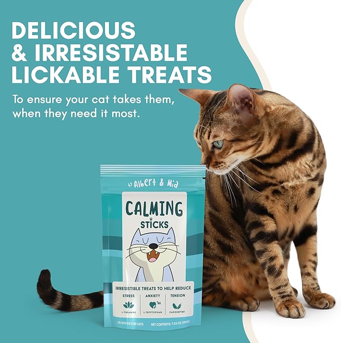 ALBERT & MIA Calming Sticks Lickable Calming Cat Treats for Stress and Anxiety Relief for Cats, Irresistible - Vet Recommended (Sleeping Aid, Vet Visits, Grooming, Car Rides, Plane) 20 Pack