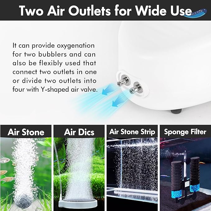 Orlushy Silent Aquarium Air Pump, Dual Outlet Adjustable Oxygen Aerator with 2 Air Stones Airline Tubing Check Valves for up to 600 Gallon Fish Tank, Hydroponic Bucket System, Bedroom Bubble Wall