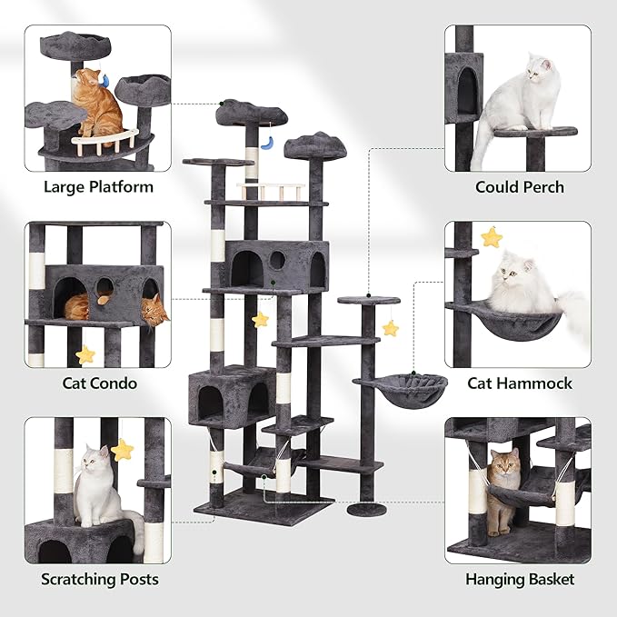 85in Giant Cat Tree for Heavy Duty Big Cats, Large Cat Trees with Scratching Post, Cat Tree Tower with Cat Condos, Hammock & Plush Perch for Maine Coon, Smoky Gray