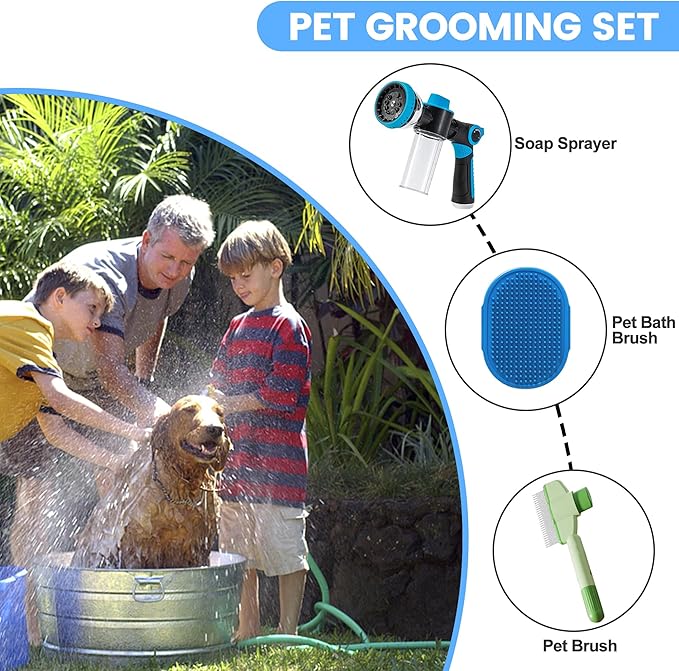 Dog Washing Hose Attachment, 10-in-1 Soap Sprayer Moden Garden Hose Nozzle with 100cc Soap Dispenser, Dog Wash Supplies with Dog Bath Brush & Pet Comb, Foam Gun Car Wash Sprayer (Blue)