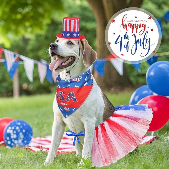 SCENEREAL 4th of July Dog Bandana Dress with Hat Set, Independence Dog Costume for Small Sized Dogs, Cute Tutu Skirt Outfit for Party