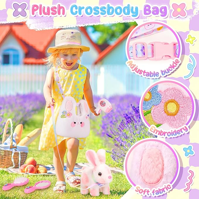 Easter Bunny Toys for Kids with Crossbody Bags, Easter Basket Stuffers Interactive Hopping Wiggle Ears Rabbit Toy, Pretend Play Robot Pet Care Cute Stuff for Girls Trip Plushies Birthday Gifts