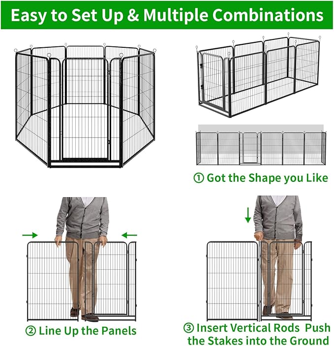 Dog Playpen Outdoor Extra Wide 8 Panels Heavy Duty Dog Fence 47" Height Anti-Rust with Doors Portable for RV Camping Yard, Total 21FT, 35 Sq.ft, Snowy Black