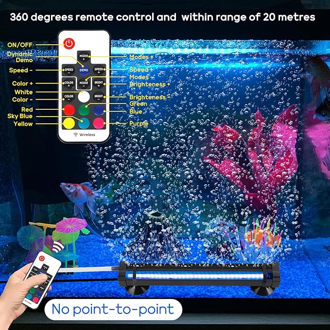 Submersible Bubble Aquarium Light：RGB Aquarium Light with Remote Control Oxygenator for Saltwater Coral Growth - 9 Inch Waterproof Fish Tank Light Designed for Aquarium Breeders