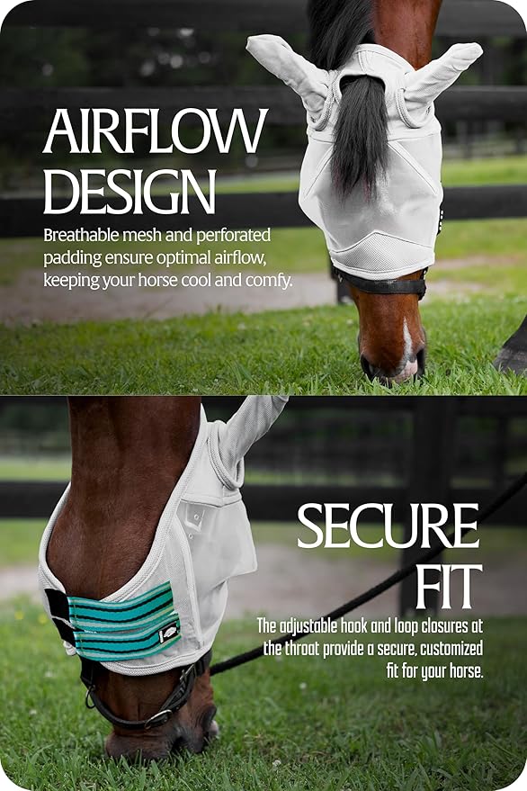Equinavia Algard Soft Mesh Horse Fly Mask with Ear Protection and 45 UPF Rating | No Eye Irritation & UV Protection - Silver/Turquoise - Pony