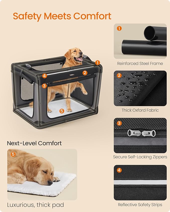 Feandrea Collapsible Dog Crate, 36-Inch Portable Dog Travel Crate for Large Dogs, Oxford Fabric Pet Carrier with 4 Mesh Doors, Handles, Storage Pocket, Water Bottle Holder, Ink Black UPDC019B01