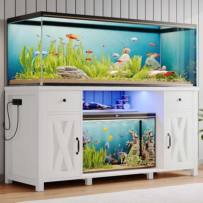 75 Gallon Fish Tank Stand with LED Light & Power Outlets, 55-75 Gallon Aquarium Stand with 2 Drawers & 2 Barn Doors, 52" L x 20" W Cabinet for 2 Fish Tank Accessories Storage, Turtle Tank, White