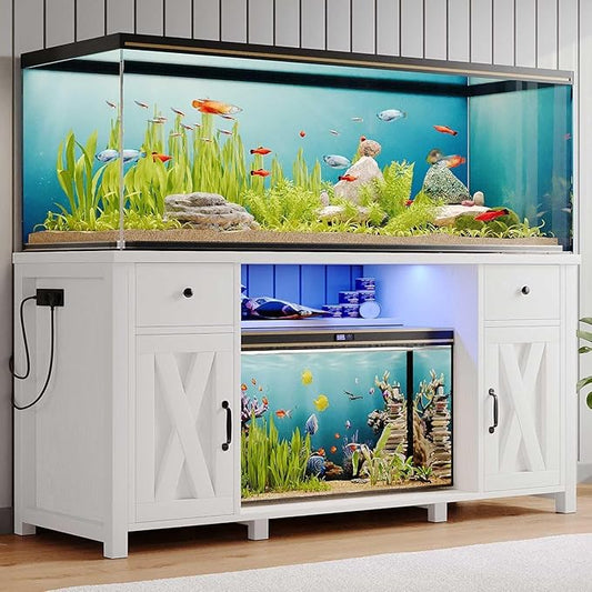 75 Gallon Fish Tank Stand with LED Light & Power Outlets, 55-75 Gallon Aquarium Stand with 2 Drawers & 2 Barn Doors, 52" L x 20" W Cabinet for 2 Fish Tank Accessories Storage, Turtle Tank, White