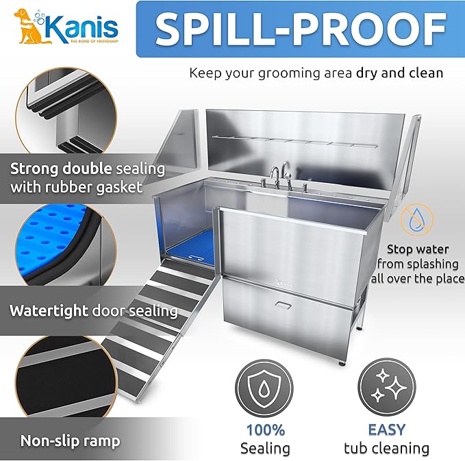 KANIS Professional Dog Washing Station - 304 Stainless Steel Pet Wash Sink & Grooming Bath Tub for Home with Ramp, Shower, Floor Grate, Storage Drawer, Faucet, Drain Kit for Large, Medium & Small Pets