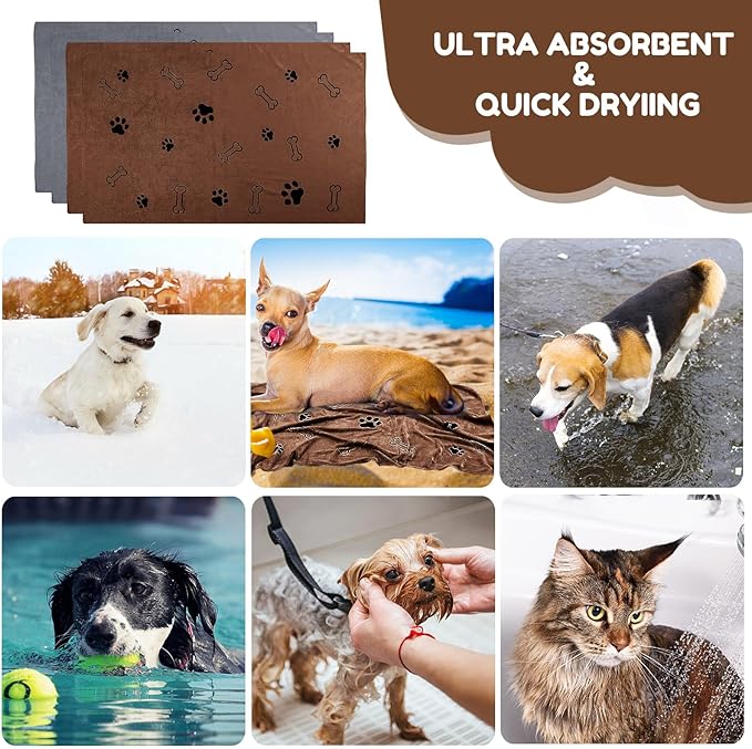 Chumia 4 Pcs Dog Towels for Drying Dog Puppy Bulk Microfiber Absorbent Paw Towel Pet Bathing Supplies Quick Drying for Medium Cats Pets Shower(24 x 40 Inch,Gray, Coffee)