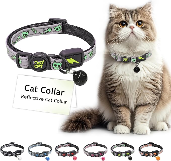 DOCO Cat Collar (Neck Girth - 3/8" x 7.5-12", Weight Upto - 13lb) Reflective Cat Collar with Bell, Breakaway Safety Buckle, Adjustable Nylon Strap for Kittens & Adult Cats (Lime)