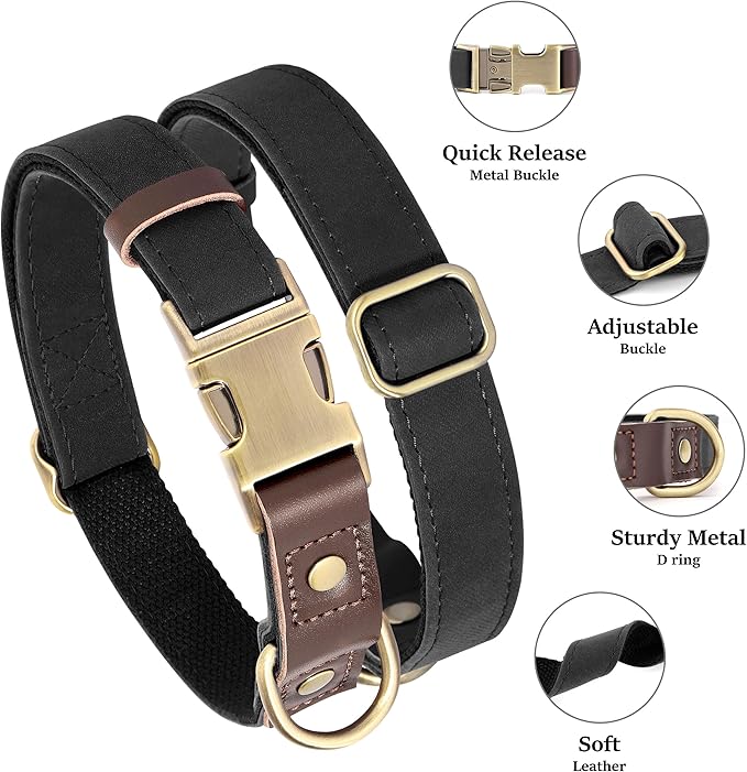 Didog Soft PU Leather Dog Collars for Small Dogs,Classic Adjustable Dog Collars with Quick Release Metal Buckle,Easy Clean and Comfortable with Nylon Lining,Black,S Neck 10-15"