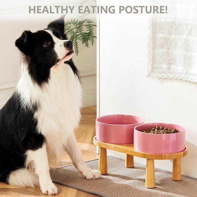 Ceramic Elevated Dog Bowls, Pet Food and Water Bowl Set for Large Dogs, 7.5 Cups Dog Bowls Raised with Wood Stand, 61OZ, Pink