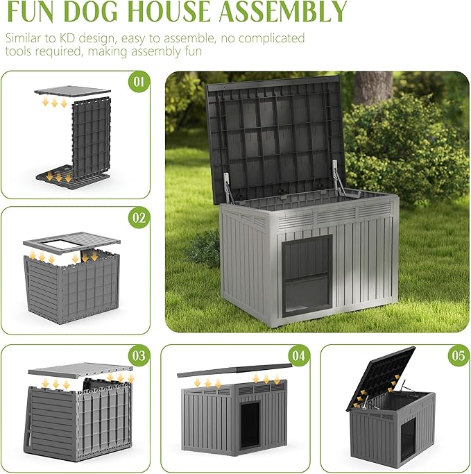 Dog House Indoor Outdoor,Resin Waterproof Puppy Shelter with Air Vents and Elevated Floor,Air Rod on Top to Open,Dog Kennel for Small to Large Dogs(Grey,42.87 * 32.95 * 31.61)