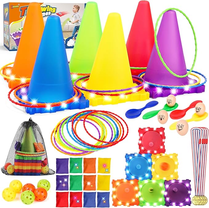 Eocolz 49PCS Carnival Games Outdoor Combo Set for Kids with LED Light, Plastic Cones Obstacle Course Bean Bags Balls Ring Toss Game Egg and Spoon Race Lawn Game, Gift for Birthday Party/Xmas/Easter