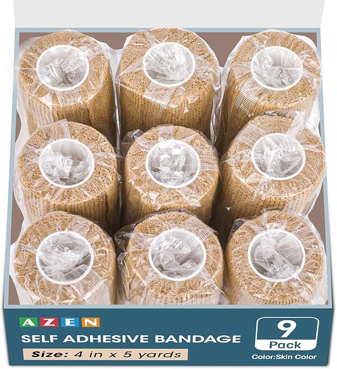 AZEN 9 Pack Self Adhesive Bandage Wrap, 4" X 5 Yards Elastic Cohesive Bandage Wrap, Skin Color Athletic Tape, Ankle Tape, Tattoo Grip Tape Wrap, Vet Wrap