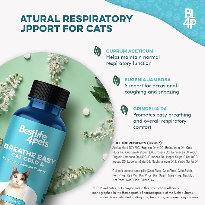 Cat Respiratory Comfort Supplement - Natural Breathe Easy Feline Support for All Seasons, Coughing, Occasional Nasal Stuffiness and Sneezing - 400 Odorless, Easy-to-Administer Tasteless Pills