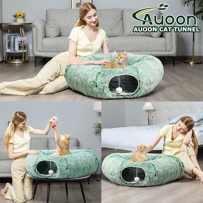 AUOON Cat Tunnel Bed for Indoor Cats - Circle Peekaboo Cat Cave with Washable Mat for Indoor Cats Kitten Kitty Puppy Rabbit Ferret (Green)