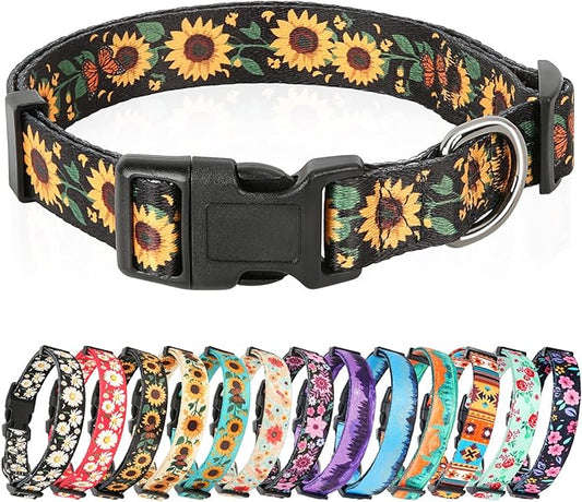 HEELE Dog Collar, Adjustable Soft Dog Collar for Small Medium Large Dogs,Sunflower Floral Patterned Puppy Collars with Quick Release Buckle Sunflower Black M Length 13.39''-20.87''