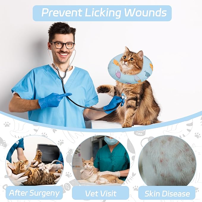 Cat Cone Collar Soft, Spay Soft Cones to Stop Licking, Cat Neck Donut Pillow After Surgery, Spay Cones for Kittens, Soft Recovery Cone for Cats, Elizabethan Kitten Cones (Blue Fish, Medium)