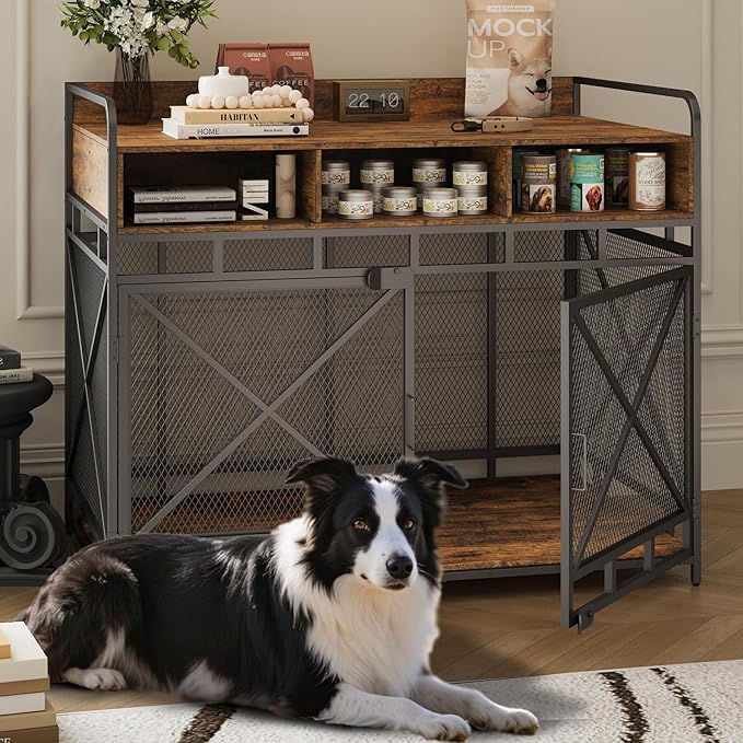 Dog Crate Furniture, 48" Heavy Duty Wooden Dog Crate End Table, XL Dog Kennel Furniture Large Breed, Decorative Dog Kennel Indoor with 3 Drawers & Steel Tubes 48" L x28 W x38 H (Rustic Brown)