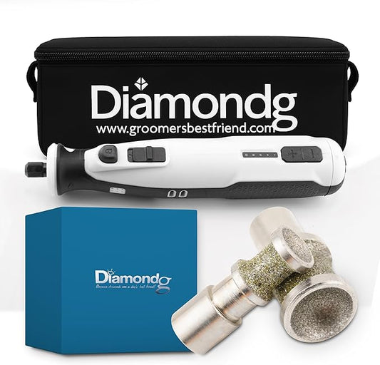 Diamondg Cordless Dog Nail Grinder with Quiet Sound & LED Tip for Large & Small Dogs, 4hrs. Runtime, 2 Bits Included, White