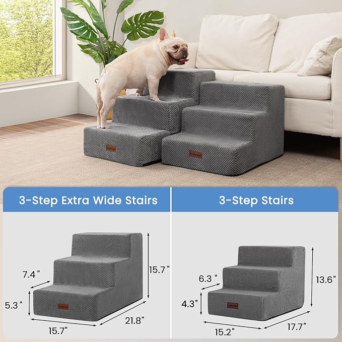 Dog Stairs for Small Dogs & Cats, 3-Step Non-Slip Pet Steps for Couch Sofa and Chair, Grey, 13.6" H