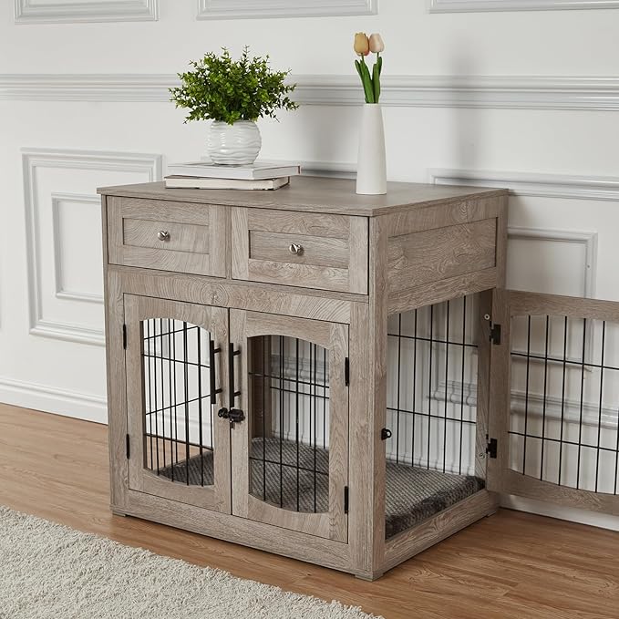 Dog Crate Furniture for Medium Dogs, Wooden Dog Kennel Indoor with Double Doors, Dog Cage with Cushion & Drawers, Dog House Side End Table for Small Medium Dogs up to 45 lb, 31.5” L, Grey