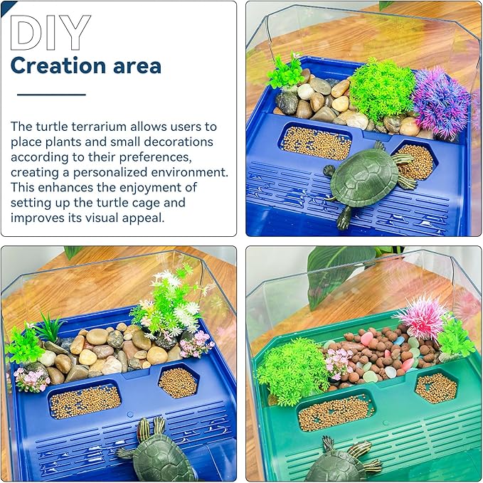 Aquatic Turtle Tank Habitat Kit Stone+Filter+Heat Lamp Enhancing Interaction with 360° Viewing, Standalone Filtration, DIY Creative Zone, Enriched Living (Blue, L[Without Light])