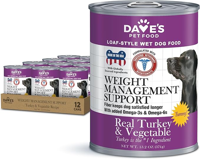 Dave's Pet Food Weight Management Dog Food (Turkey & Vegetables), Made in USA, Weight Loss, Soft, Canned Wet, 13.2oz (12 Pack)