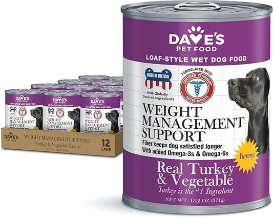 Dave's Pet Food Weight Management Dog Food (Turkey & Vegetables), Made in USA, Weight Loss, Soft, Canned Wet, 13.2oz (12 Pack)