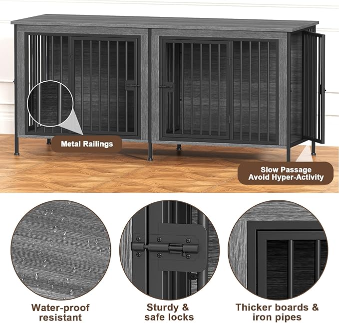 EasyCom 63" Dog Cage Furniture for 2 Pets with Divider, XL Wooden Double Dog Crate Furniture TV Stand for Mideum Breed, Durable and Sturdy