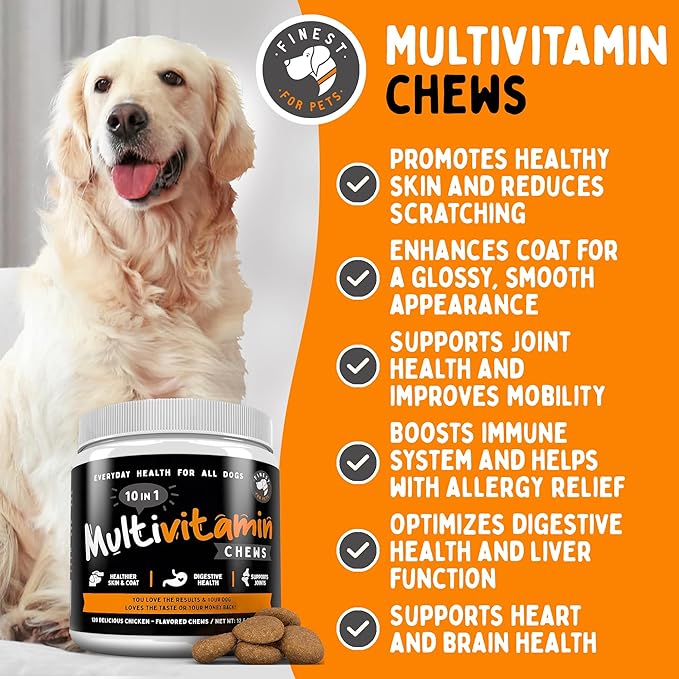 Multivitamin Dog Supplement – 10 in 1 with Omega Fish Oil & Glucosamine for Improved Joint & Skin Support, Gut, Digestion & Immune Everyday Health (120 Chewable Treats)