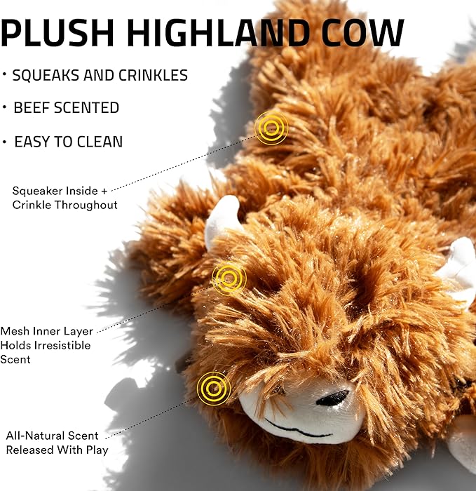 Playology Dog Toys | Plush Toy Highland Cow Stuffed Animal for Dogs | Jumbo Beef Scented Toy - Easy to Clean and Made from Non Toxic Materials