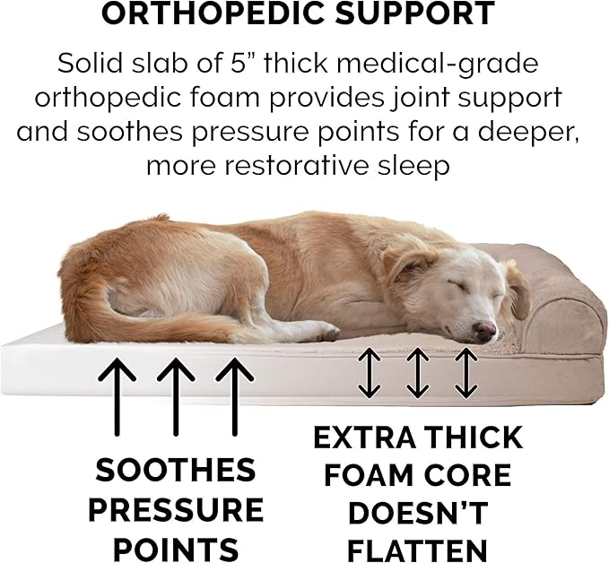 Furhaven Orthopedic Dog Bed for Large Dogs w/ Removable Bolsters & Washable Cover, For Dogs Up to 125 lbs - Plush & Suede Sofa - Almondine, Jumbo Plus/XXL