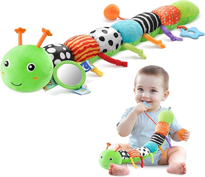 Baby Toys 0-6-12 Months,Musical Caterpillar Stuffed Animals Activity Infant Toys with Crinkle,Rattles,Mirror&Pull String,Muti-Sensory Toys Gifts for Newborn Tummy Time,Green,Knot prolegs