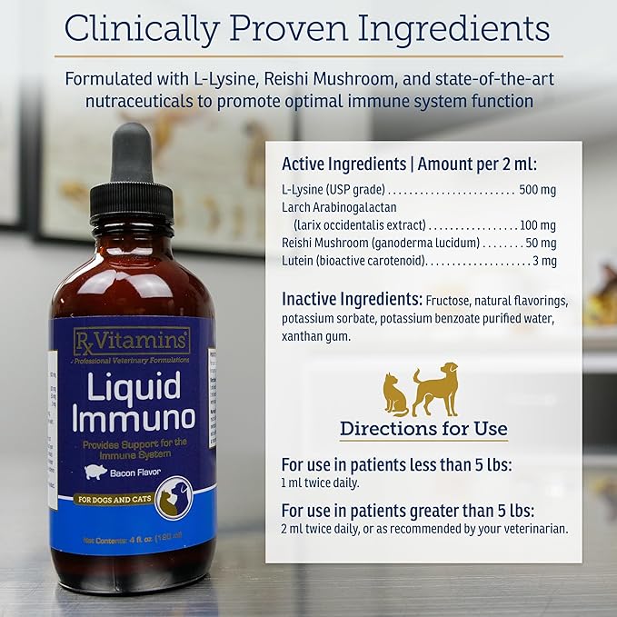 Rx Vitamins Liquid Immuno Dog & Cat Immune Support - Reishi Mushroom Supplement for Dogs & Cats Plus L-Lysine for Cats - Ideal Dog Eye Supplements, Immunity Booster Cat Supplements - 4 oz