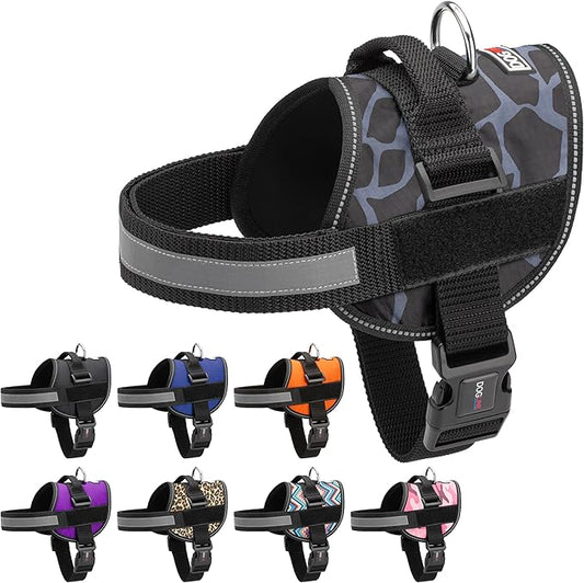 Dogline Dog Harness, Reflective No-Pull Adjustable Vest with Handle for Walking, Training, Breathable, No - Choke Harness for Small, Medium or Large Dogs Room for Patches Girraffe Grey XL 33"-46"