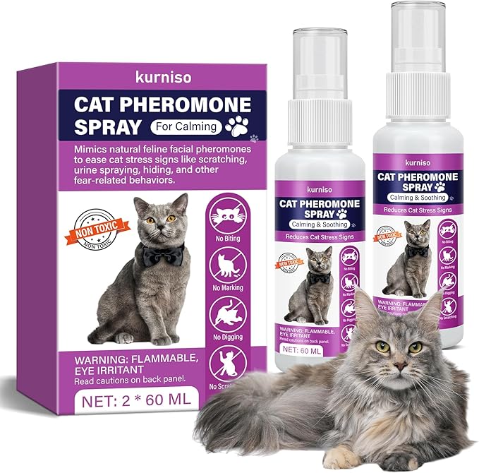 Cat Calming Pheromone Spray, 2 Pack, Calming Spray for Cat Anxiety Relief, Reduce Stress, Hiding & Scratching Furniture - During Travel, Fireworks, Thunder, 60 ML