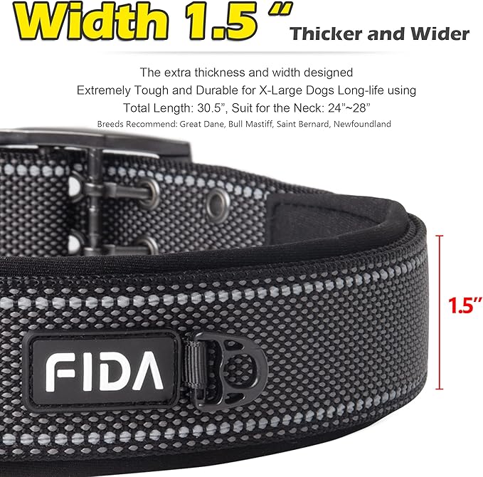 Fida Heavy Duty Dog Collar 1.5” Width, Ultra Soft Neoprene Padded, Adjustable Reflective Nylon Pet Collar with Two Metal Pin Belt Buckle for Large/X-Large Breeds (XL, Black)