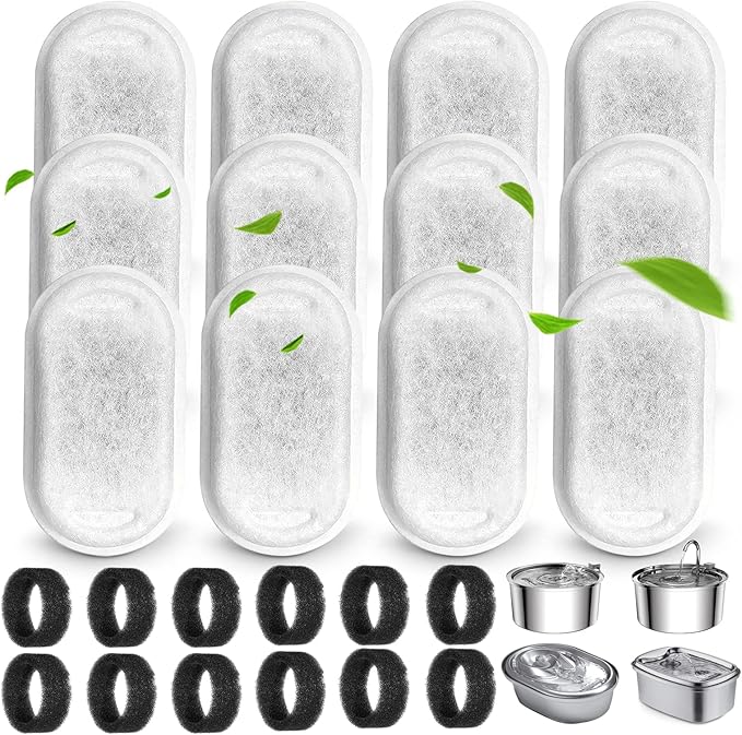 Cat Water Fountain Filters for 108/3.2L& 67oz/2L Stainless Steel Pet Water Dispenser Fountain Filters,12 Cat Fountain Filter Replacement with 12 Sponges