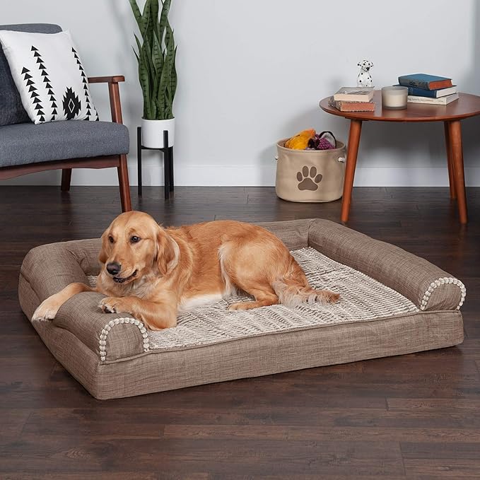 Furhaven Cooling Gel Dog Bed for Large Dogs w/ Removable Bolsters & Washable Cover, For Dogs Up to 95 lbs - Luxe Faux Fur & Performance Linen Sofa - Woodsmoke, Jumbo/XL