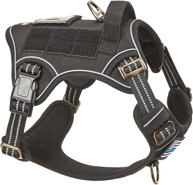BUMBIN Tactical Dog Harness for Medium Dogs, No Pull, Reflective, Adjustable, Black, M(Neck:16-20", Chest:17-27")