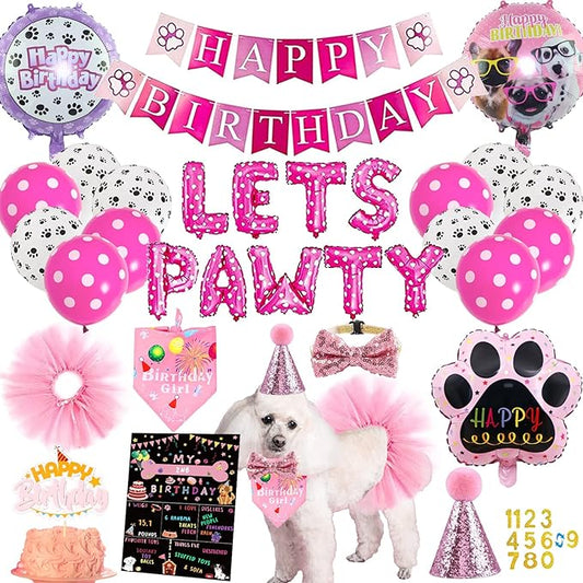Dog Party Supplies Decorations - Cute Bandana, Let's Pawty Banner, Cake Topper, Hat, Pink Bowtie, Tutu Skirt, Paw Balloon for Birthday Celebration