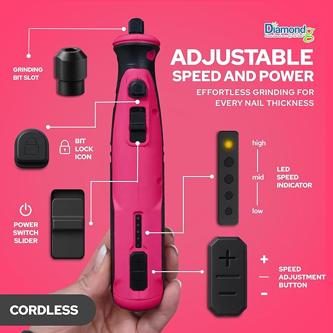 Diamondg Cordless Dog Nail Grinder with Quiet Sound & LED Tip for Large & Small Dogs, 4hrs. Runtime, 2 Bits Included, Pink