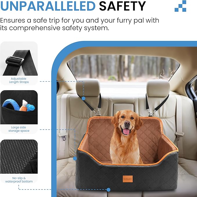 Dog Car Seat for Medium Dogs - Pet Car Seat with 2 Safety Straps & Waterproof Padding, Portable Pet Carrier for Cars, Trucks & SUVs, Comfortable Booster Bed for Pets Up to 55lbs (Black/Coffee)