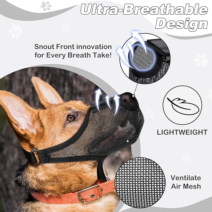 Dog Muzzle, Soft Air Mesh Muzzle for Small Medium Large Dogs Anti Biting Barking Chewing Scavenging, Breathable Adjustable Loop Pets Muzzle with Front Opening Design Allows Panting Drinking (Black,L)