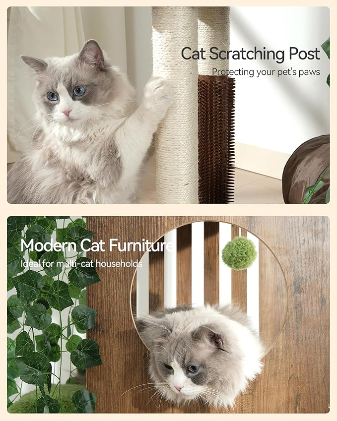 FourFurPets Large Cat Tree with Leaves, 72.8-Inch Cat Tower for Indoor Cats, Modern Cat Tree with Scratching Post, Large Perch, Tunnels, Swing Ball, Self Groomer, Greige