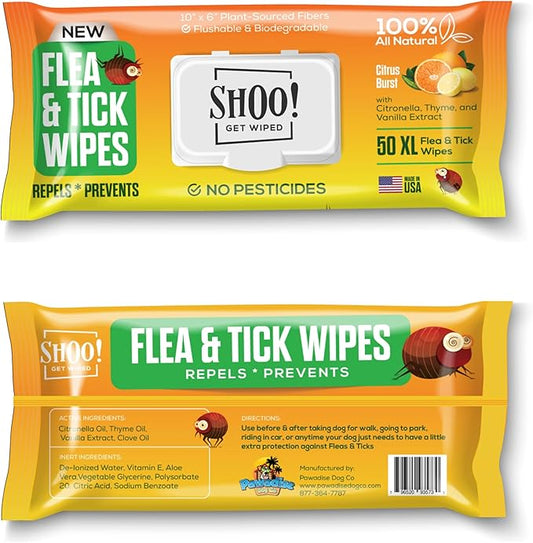 Shoo! Flea & Tick Wipes for Dogs | Convenient, Easy On-The-Go Protection | Plant Based, Natural Oils, Chemical Free | Repels & Prevents | 50 XL Wipes | (Citrus Burst)